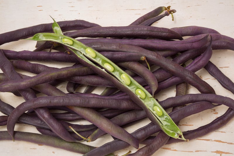 close up of purple hull peas with one split open to reveal legumes in pod
